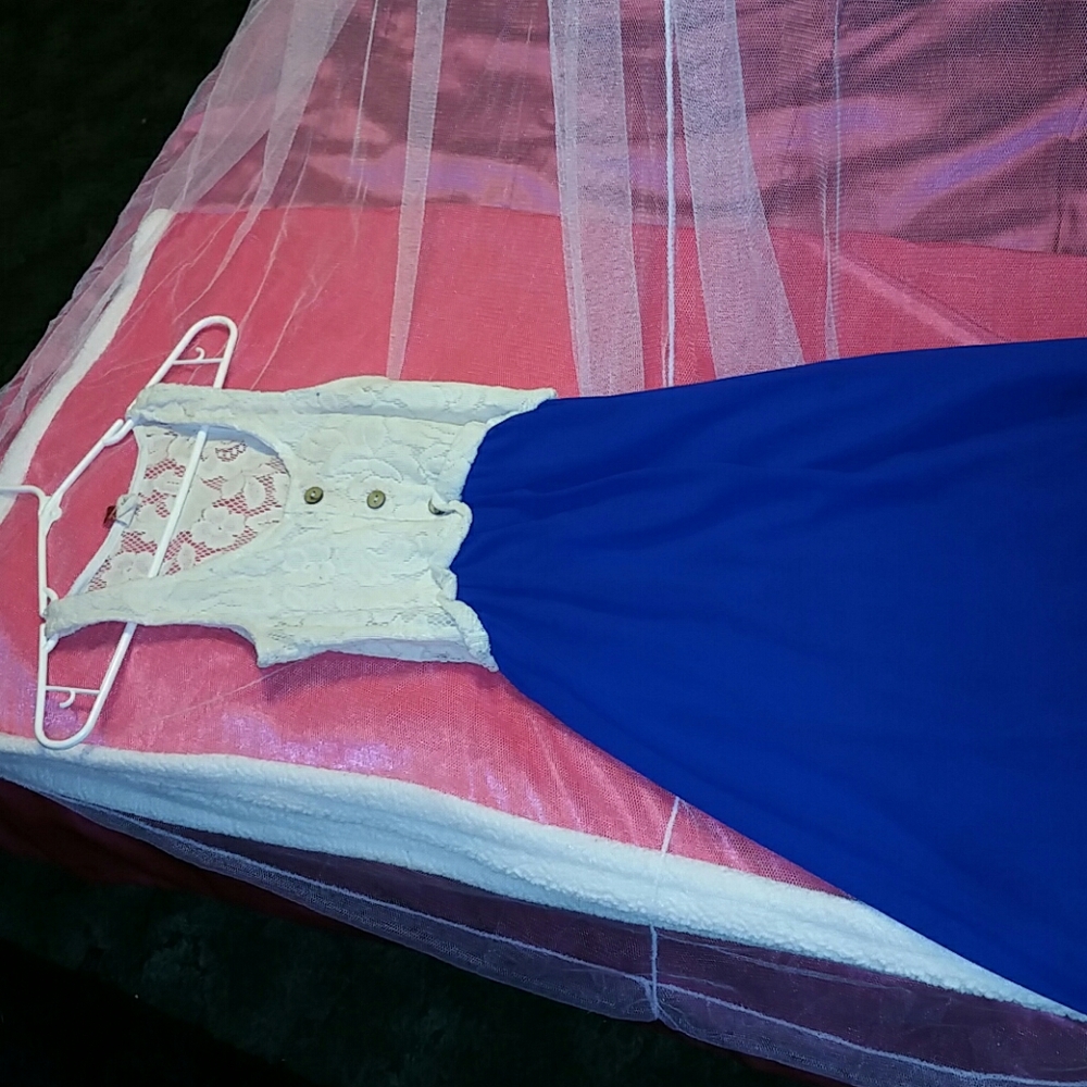 Long lace top dress with royal blue bottom